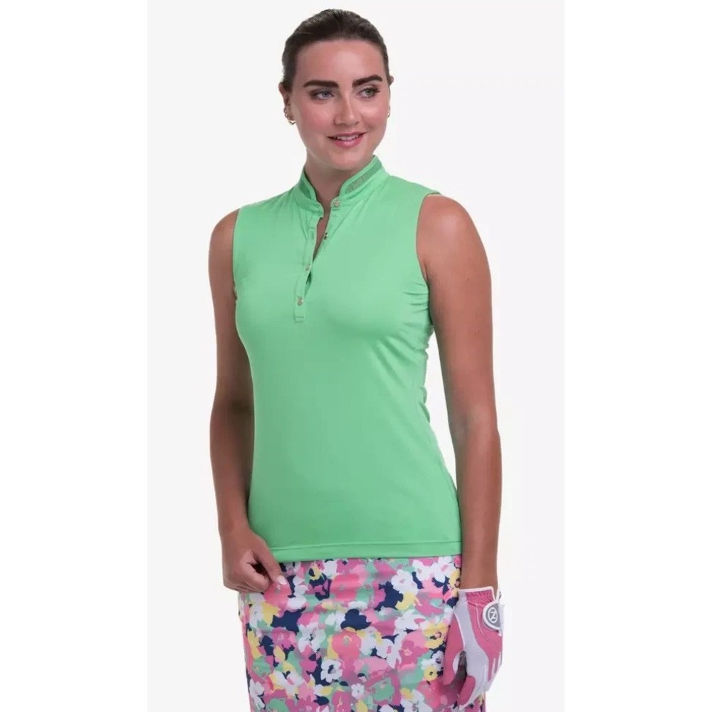 EP New York Sleeveless Golf Polo Top Womens M Green Chiffon Mandarin Collar